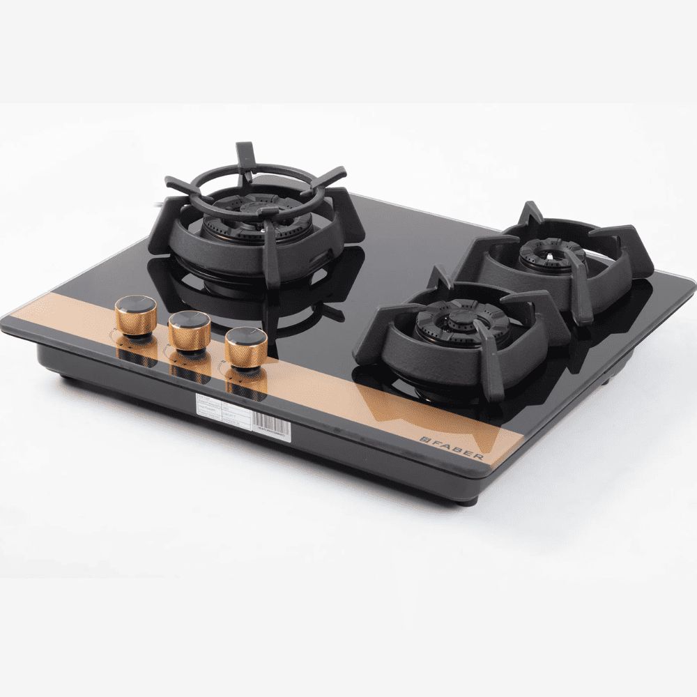 Faber Hob UTOPIA PRO 603, 3 Burner 60 cm Auto Electric Ignition Glass Top Full Brass Burners 1 Medium + 1 small +1 High with (Black)