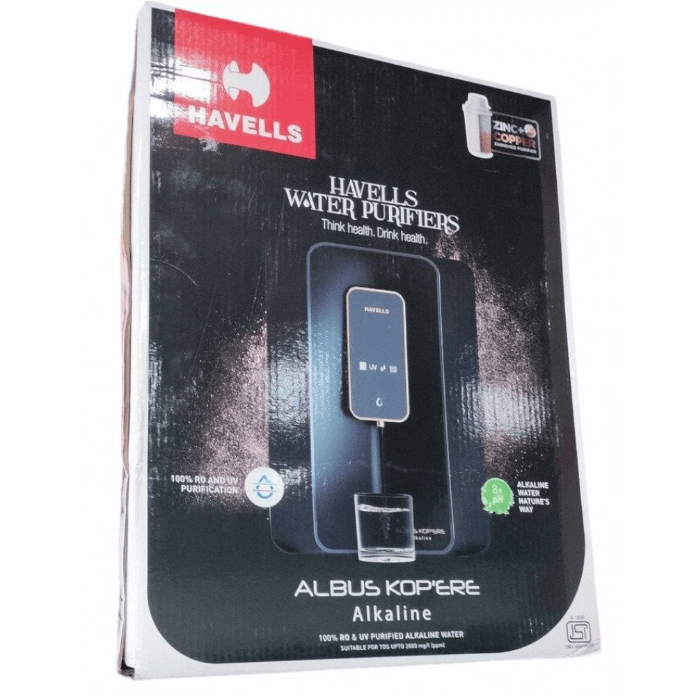 Havells Albus Kopere Alkaline+, 6 Ltrs Storage RO + UV + UF Wall Mountable Water Purifier, Black