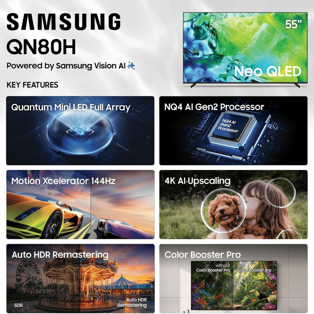 Samsung 55QN80H, 55 Inches 4K AI Smart Neo QLED TV, Titan Black