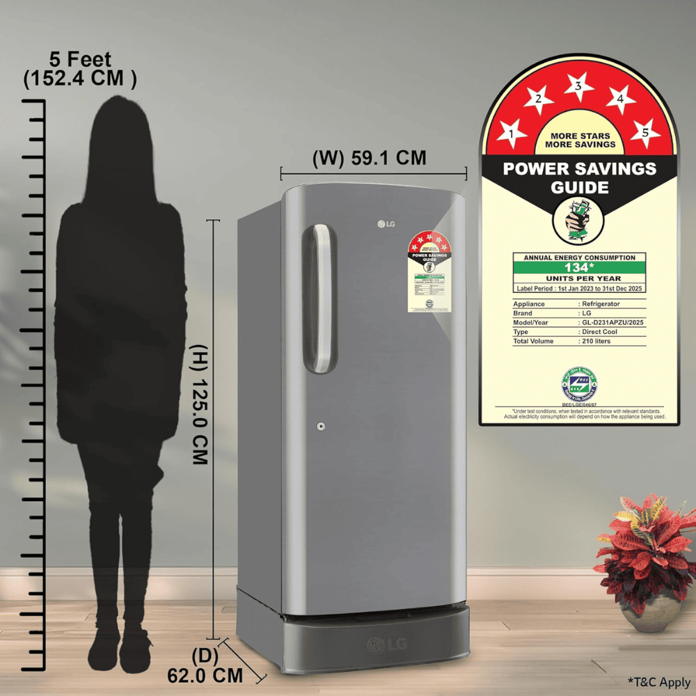 LG 210 Ltrs 3 Star, Inverter Direct Cool, Single Door Refrigerator (GL-D231APZU)