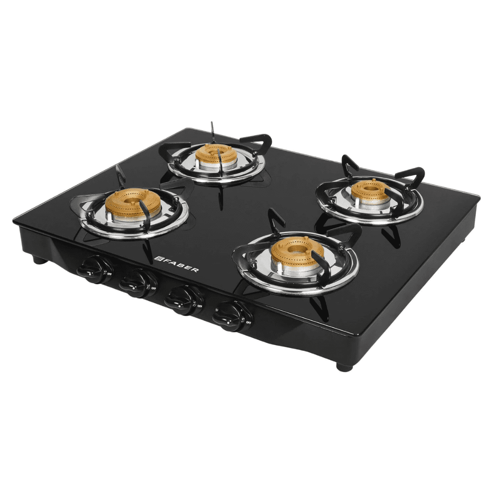 Faber Cooktop, Jumbo 4BB BK, 4 Burner 70 cm Manual Ignition Glass Top Brass Burners 4 Medium Gas Stove (Black)