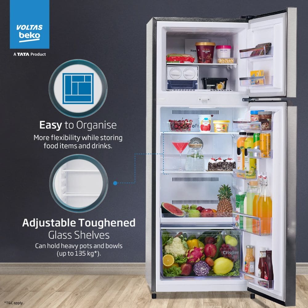 Voltas Beko 283 Ltrs, 2 Star 6 in 1 Adjustable Frost Free Inverter Double Door Refrigerator (RFF334D, Wooden Black)