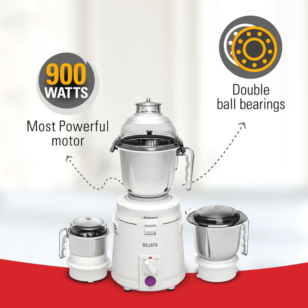 Sujata 900 Watts Mixer Grinder with 3 Jars (Dynamix, White)