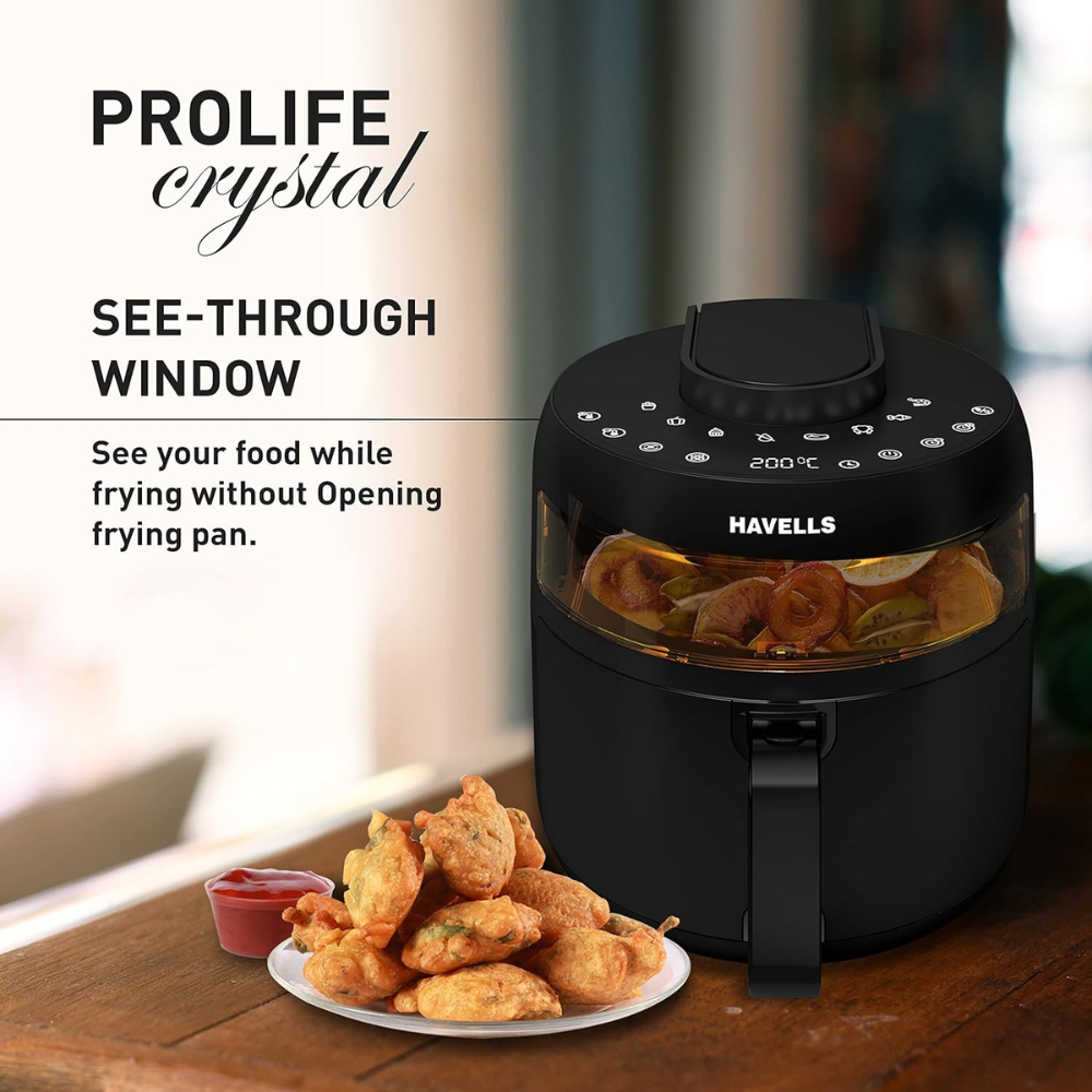 Havells Prolife Crystal, 1500 Watts 5 Litres Touch Screen Electric Air Fryer, Auto Restart Digital Display with Dehydrator Mode 85% Less Oil (Black)
