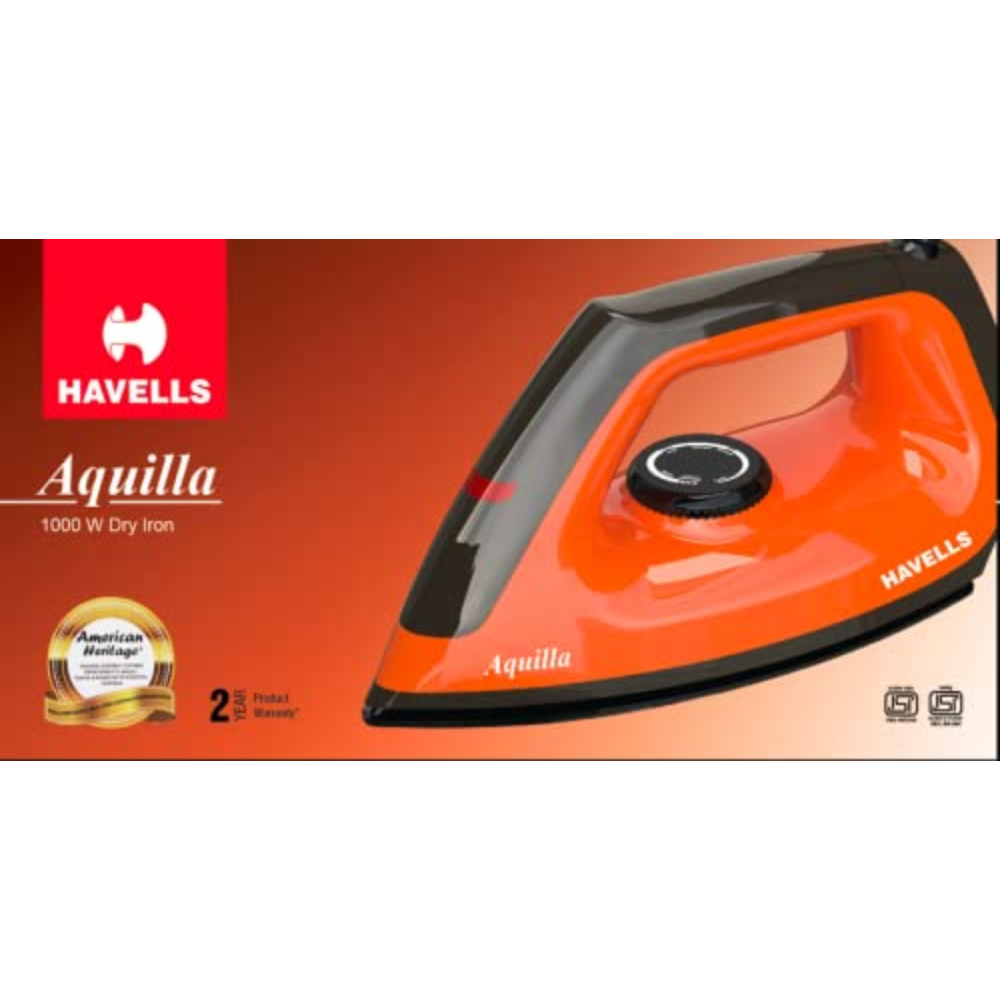 Havells Aquilla, 1000 Watts Dry Iron Press German Technology (Orange & Black)