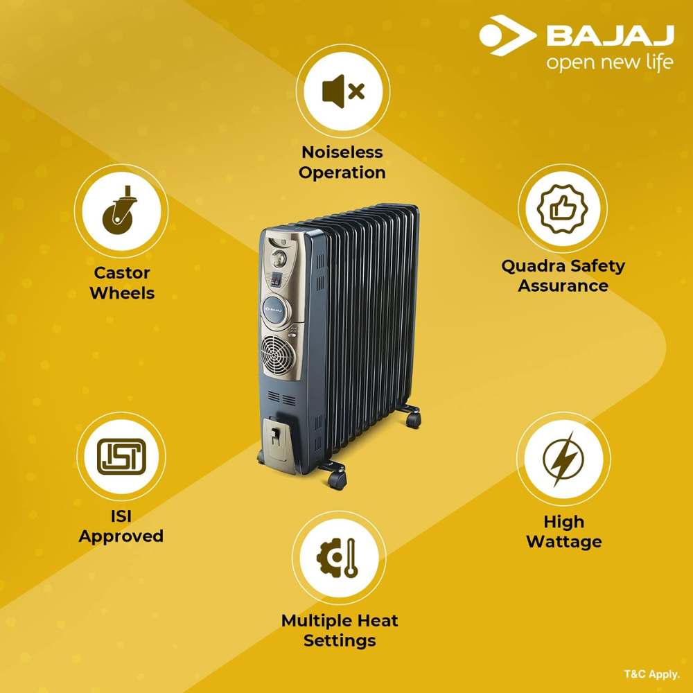 Bajaj 13 Straight Fins, 2900 Watts Oil Filled Rediator Room Heater (Majesty 13F Plus, Black)