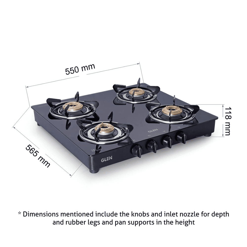 Glen Cooktop, 1043 GT HF BB DT AI, 4 Burner Auto Manual Ignition Glass Top Brass Burner 1 Big + 2 Medium + 1 small Gas Stove (Black)