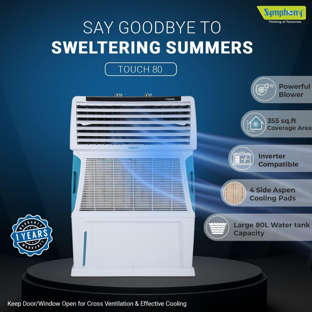 Symphony 80 Ltrs Personal Air Cooler with 4-Side Aspen Pads (Touch80l)