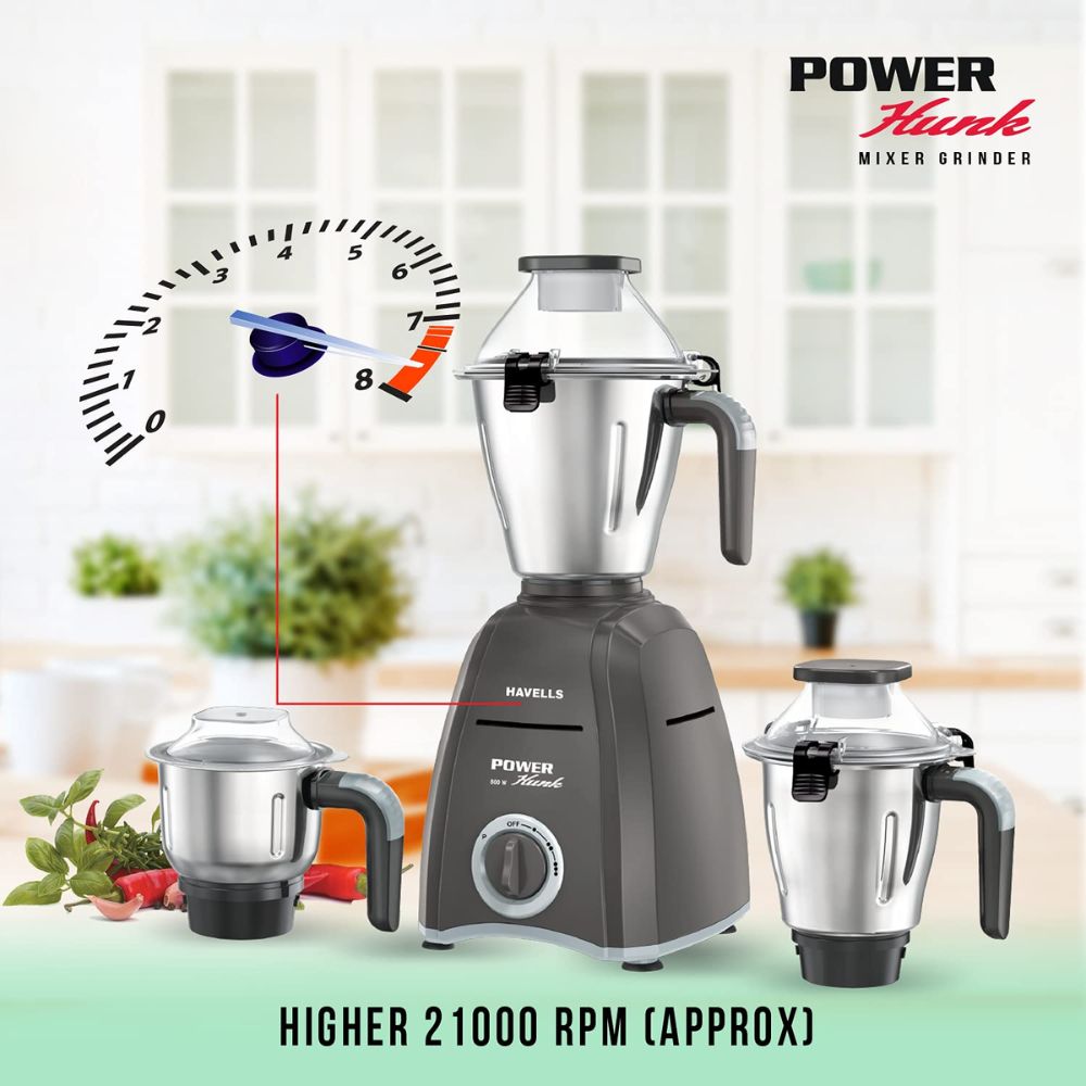 Havells MG POWER Hunk, 800 Watt 3 Jars Mixer Grinder (Black)