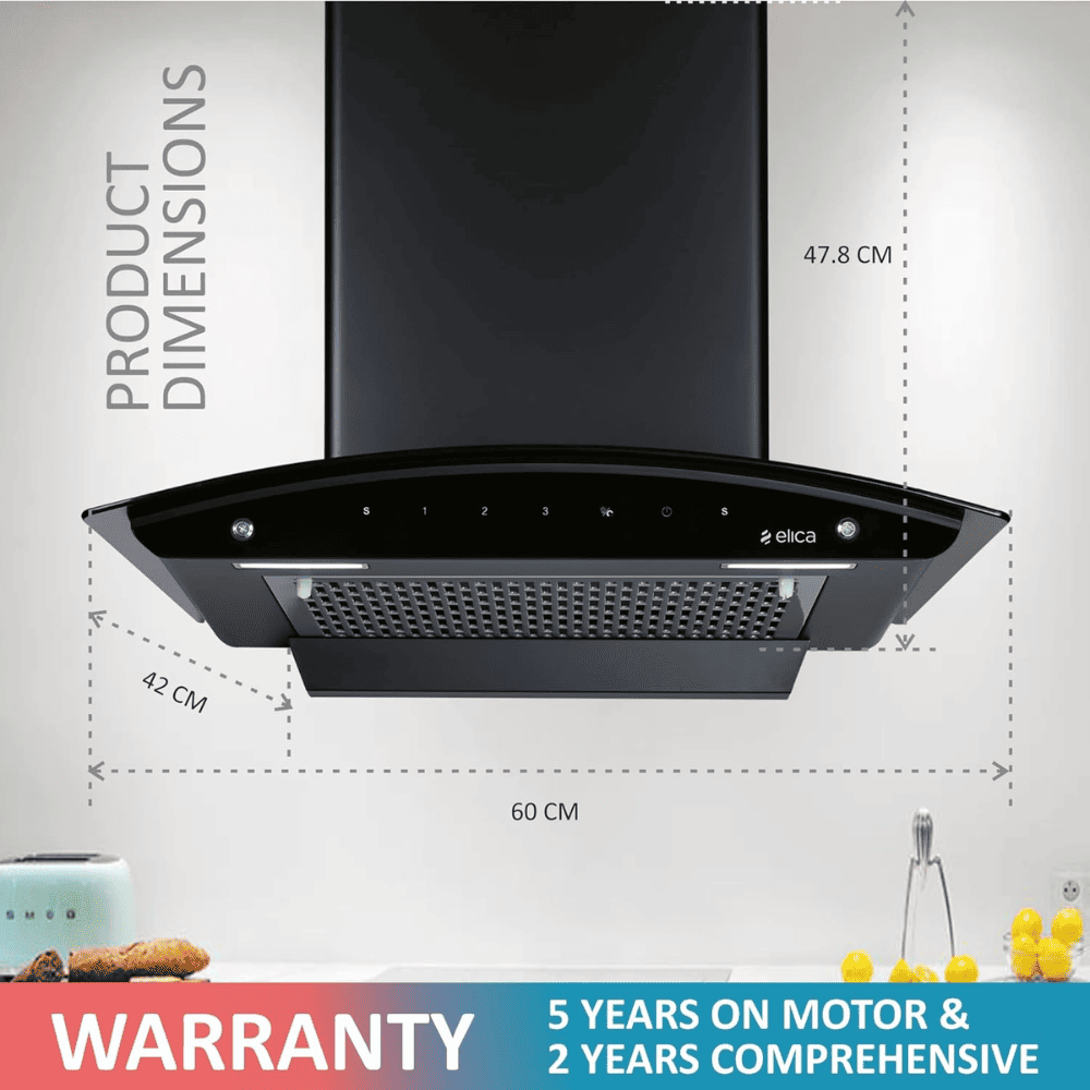 Elica BF 600 SLIM HAC MS NERO, 60 cm 1200 m3/hr Auto Clean Wall Mounted Kitchen Chimney (Black)