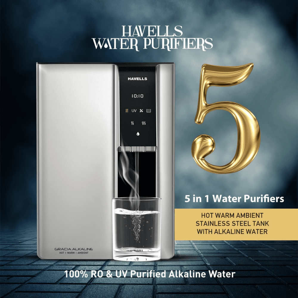 Havells Gracia, 7.5 Ltrs Alkaline RO + UV Purified Alkaline, Hot and Ambient Water Purifier, Silver & Black