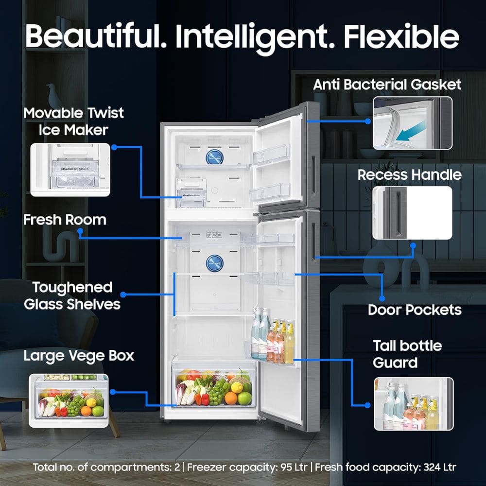 Samsung 419 Ltrs, 3 Star 5 in 1 Convertible Frost Free Double Door Refrigerator (RT45HG6A43BXHL, Luxe Black)