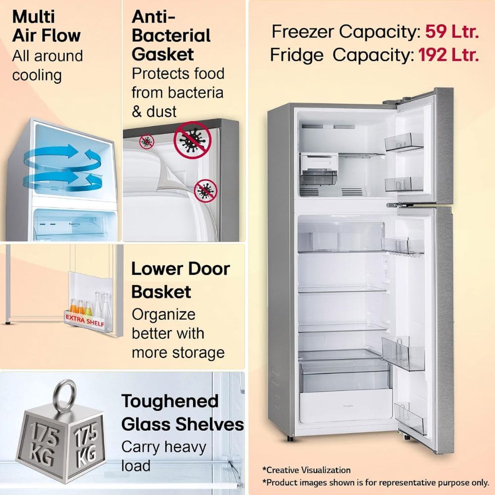 LG 251 Ltrs Smart Inverter Frost Free Double Door Refrigerator (GLT2516WWPZ | Shiny Steel)