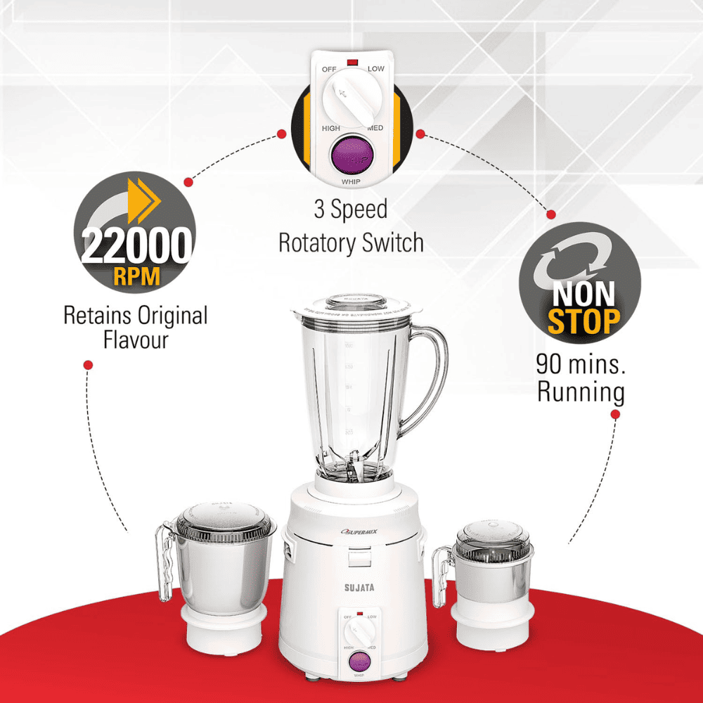 Sujata 900 Watts Mixer Grinder with 3 Jars ( Supermix, White)