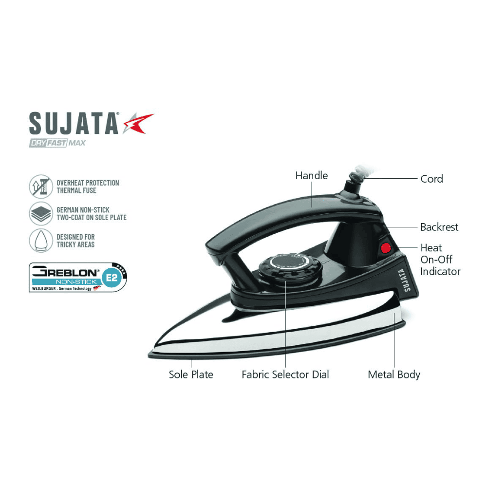 Sujata 1000 Watts Stainless Steel Dry Iron (Dryfast Max, Black)
