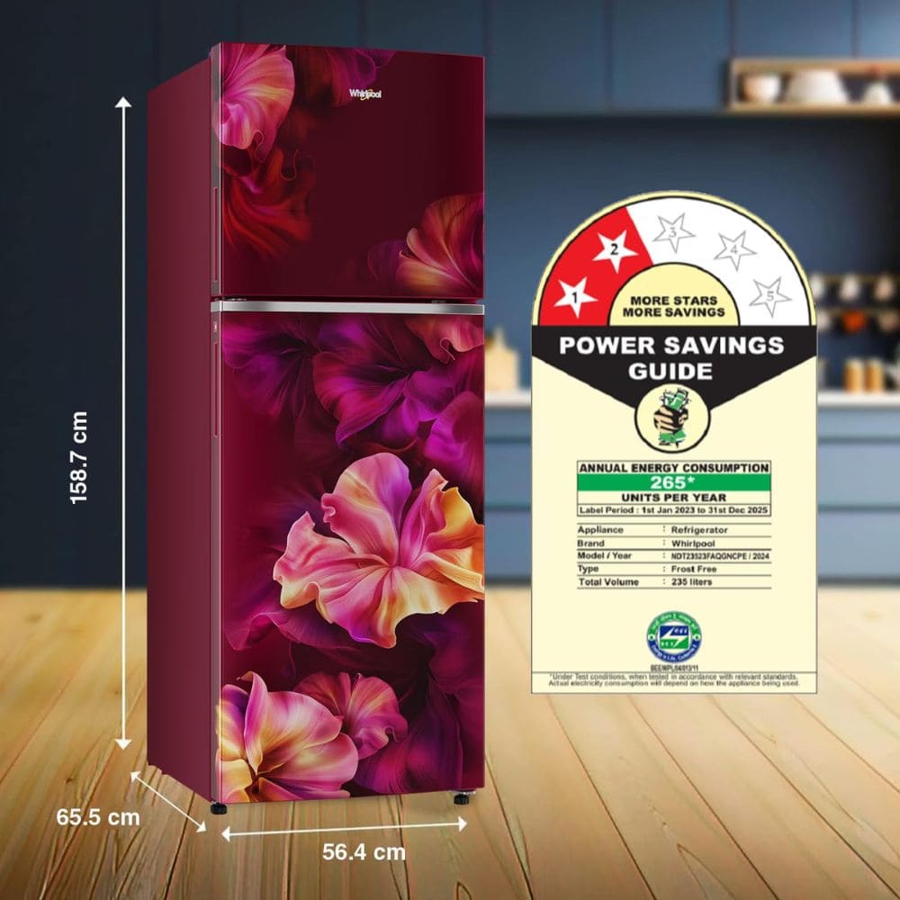 Whirlpool 235 Ltrs, 2 Star Frost Free Double Door Inverter Refrigerator (Neo SP278 PRM Wine Silk 2s)