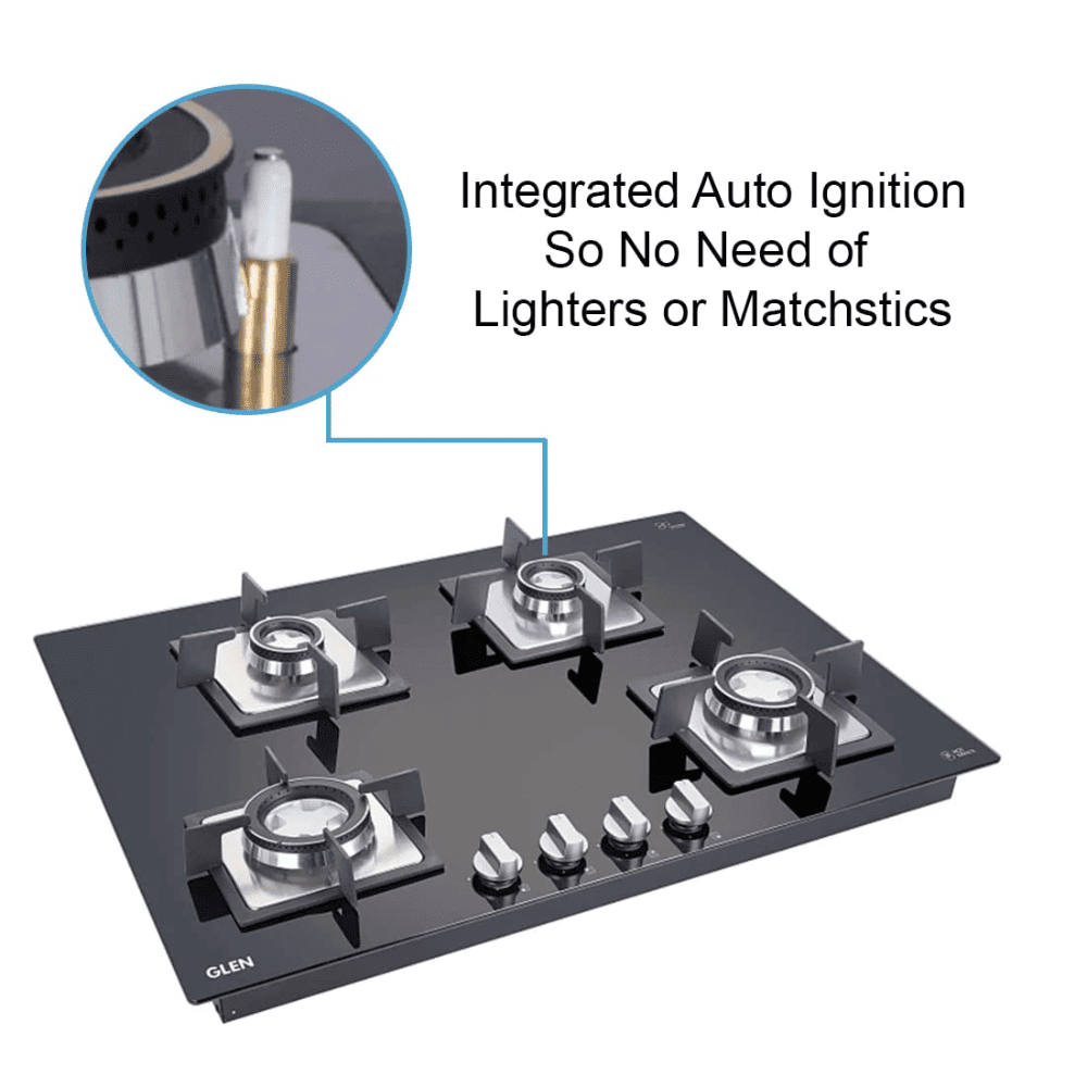 Glen Hob, 1074 SQ HT DB GLEN, 4 Burner 74 cm Auto Ignition Glass Top Brass Burners 2 Small + 2 big Gas Stove (Black)