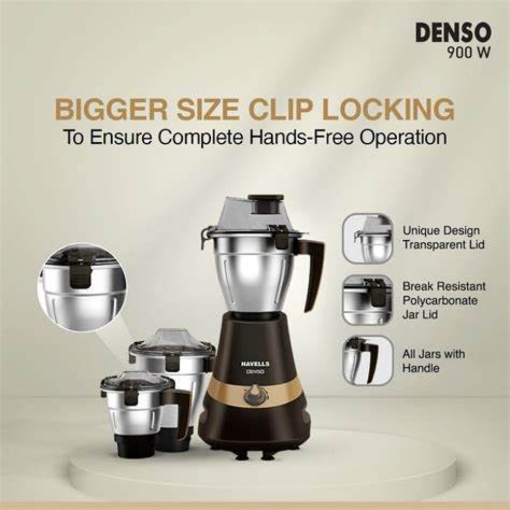 Havells MG DENSO, 900 Watt 3 Jars Mixer Grinder (Black & Gold)