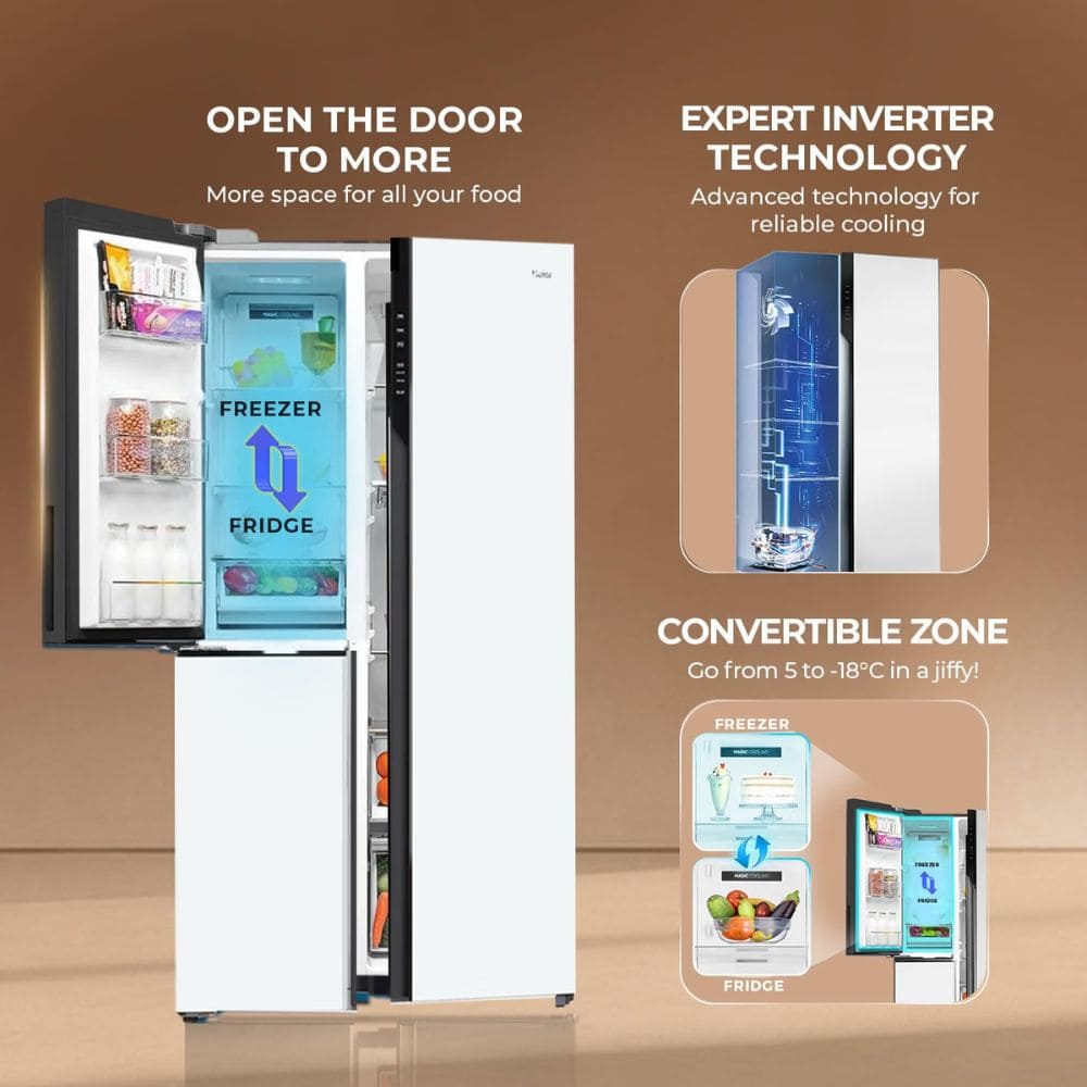 Haier 598 Ltrs, 3 Star Frost Free Expert Inverter Smart Sense AI enabled 3 Door Side by Side Refrigerator (HRT 683PWGU1, Pearl White Glass, Magic Convertible Zone, Premium Vogue Glass)