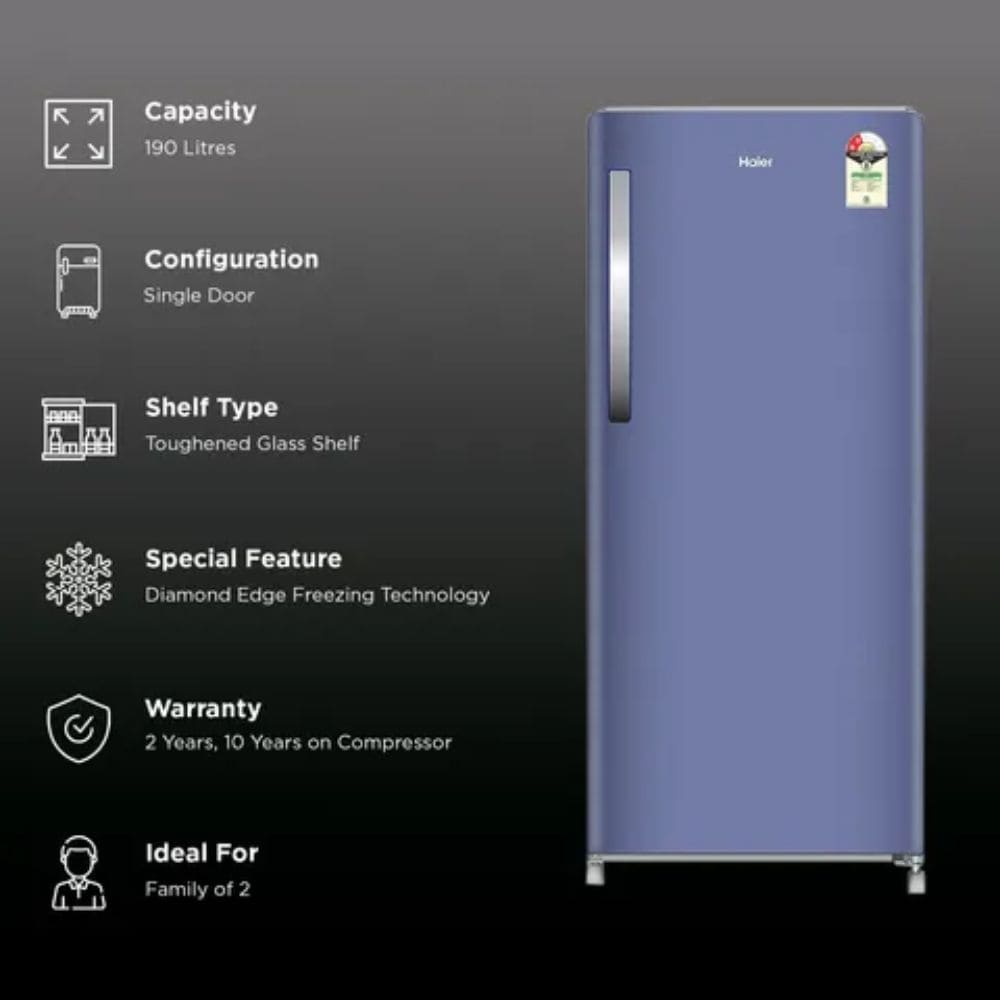 Haier 190 Ltrs, 2 Star Cool Single Door Refrigerator (HRD 2112BRBA N, Radish Blue)