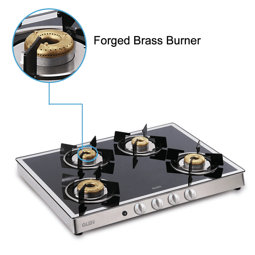 Glen Cooktop, 1048 GT AI FORGED BB MIRROR, 4 Burner Auto Ignition Glass Top Forged Brass Burner 1 Big + 1 Medium + 2 small Gas Stove (Black)