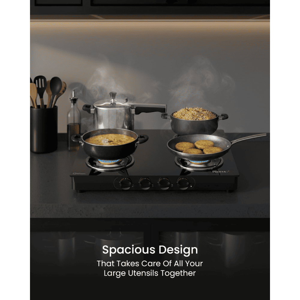 Sujata Cooktop Standard AI, 4 Burner Glass Top Auto Ignition Brass Gas Stove (Black)