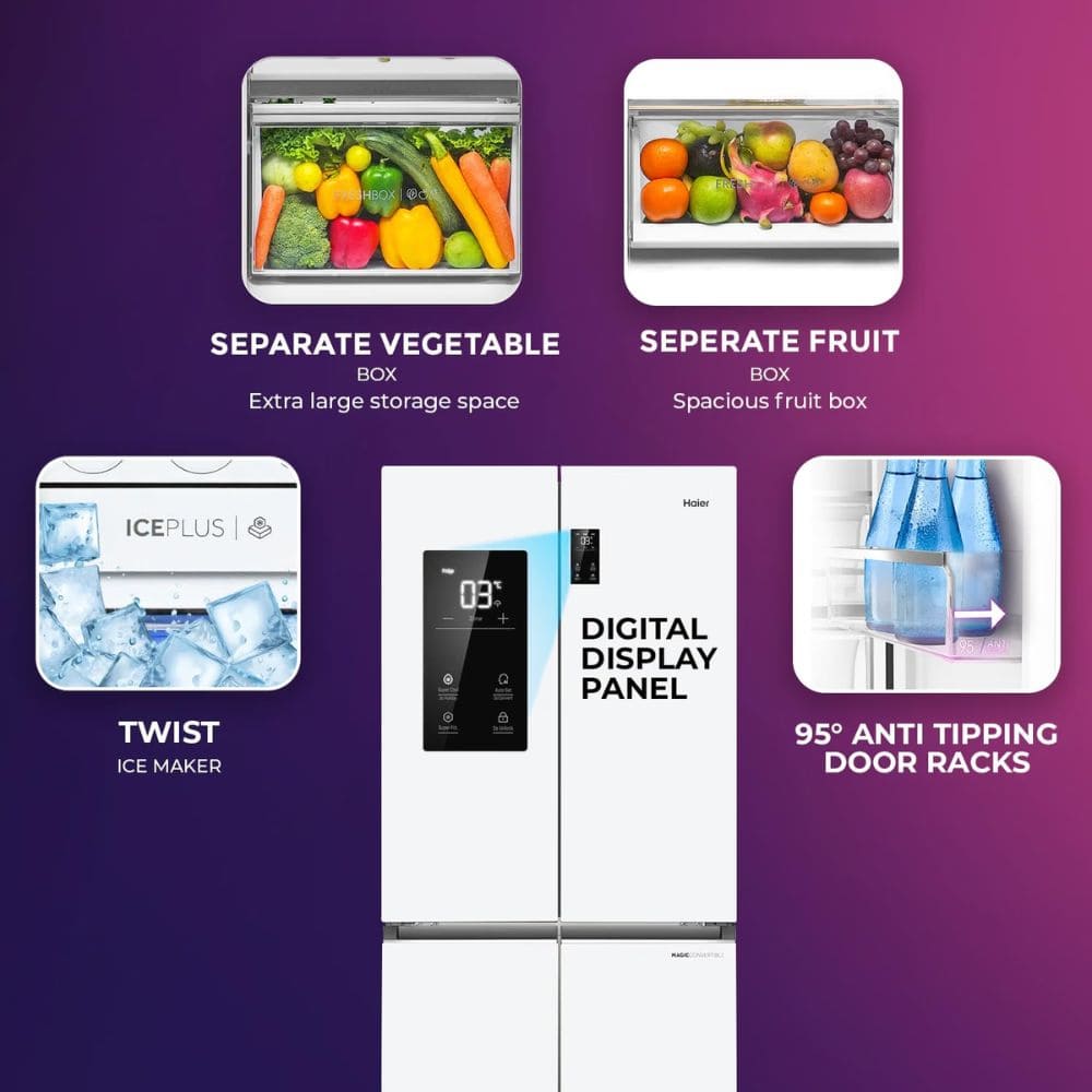 Haier 520 Ltrs, 3 Star Lumiere Frost Free Triple Inverter French Door Side by Side Refrigerator (HRB 600PW, Pearl White)
