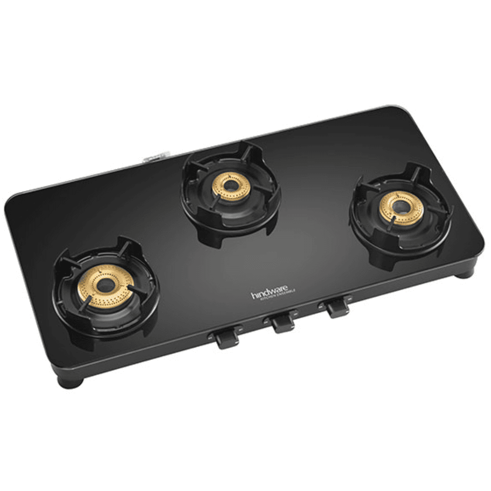 Hindware Cooktop, ALVERIO 3B AI, 3 Burner Auto Ignition Glass Top Forged Brass Burner 1 Big + 1 Medium + 1 small Gas Stove (Black)