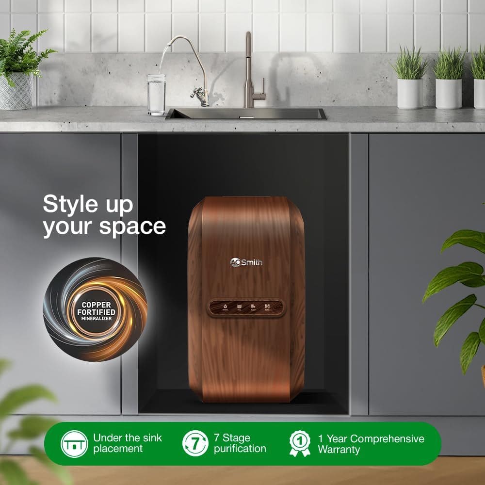AO Smith 9 Ltrs Storage, RO+Copper Fortified Mineralizer Water Purifier, 7-Stage Purification (Z2 PRO Luxe RO Under sink, Brown)