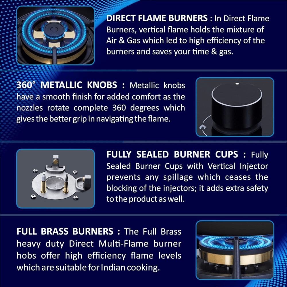 Elica Hob 3 Burner 75 cm Auto Ignition Glass Top Full Brass Burners 1 Small and 2 Medium Gas Stove (FLEXI DFS 375 DX,Black)