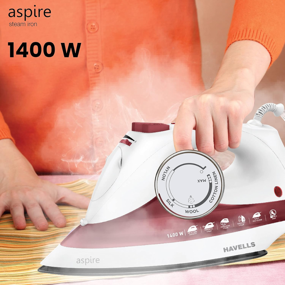 Havells ABS Aspire, 1400 Watts Steam Iron Press with Steam Burst Anti Drip Function (Red)