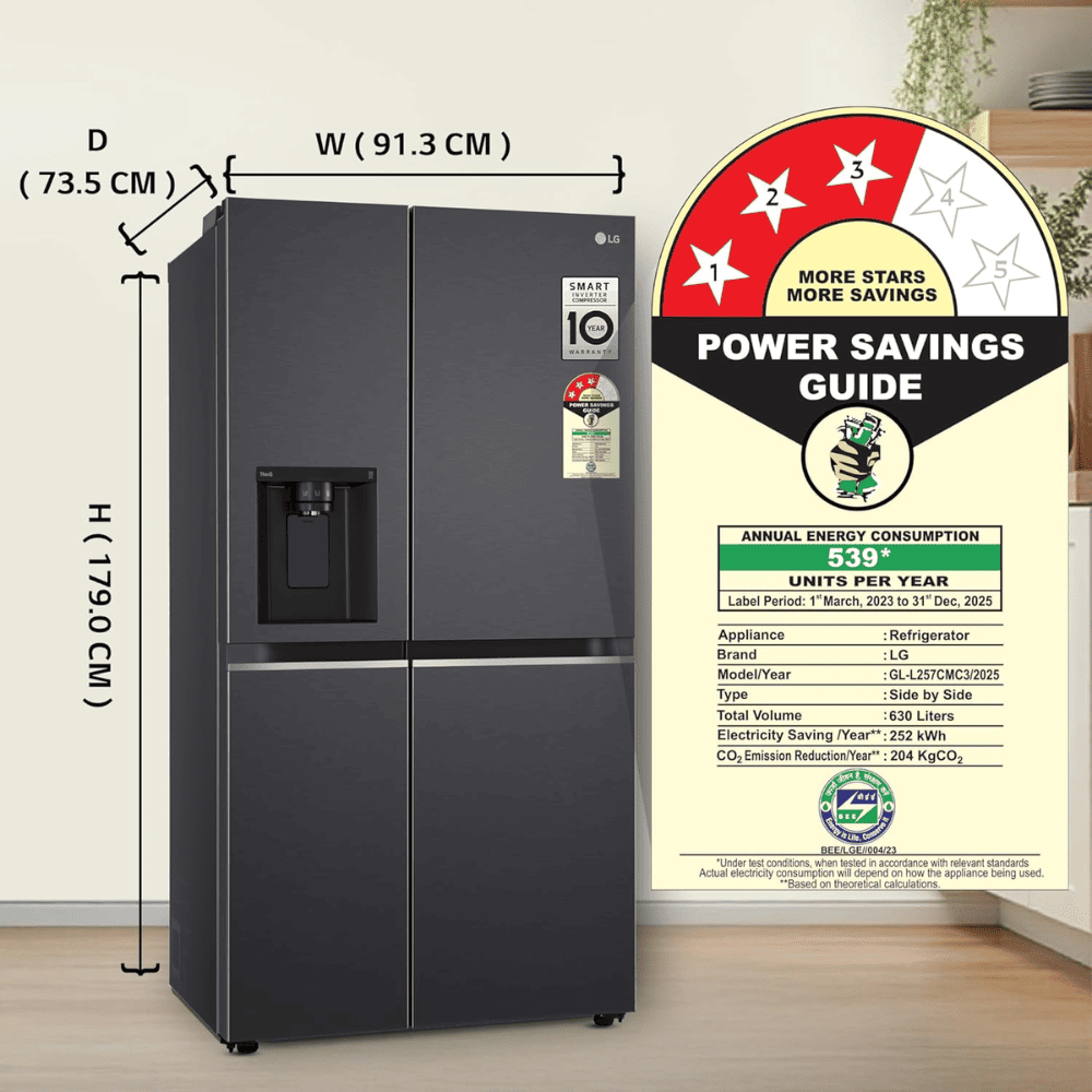 LG 630 Ltrs 3 Star, Inverter Frost Free, Side-by-Side Refrigerator (GL-L257CMC3)