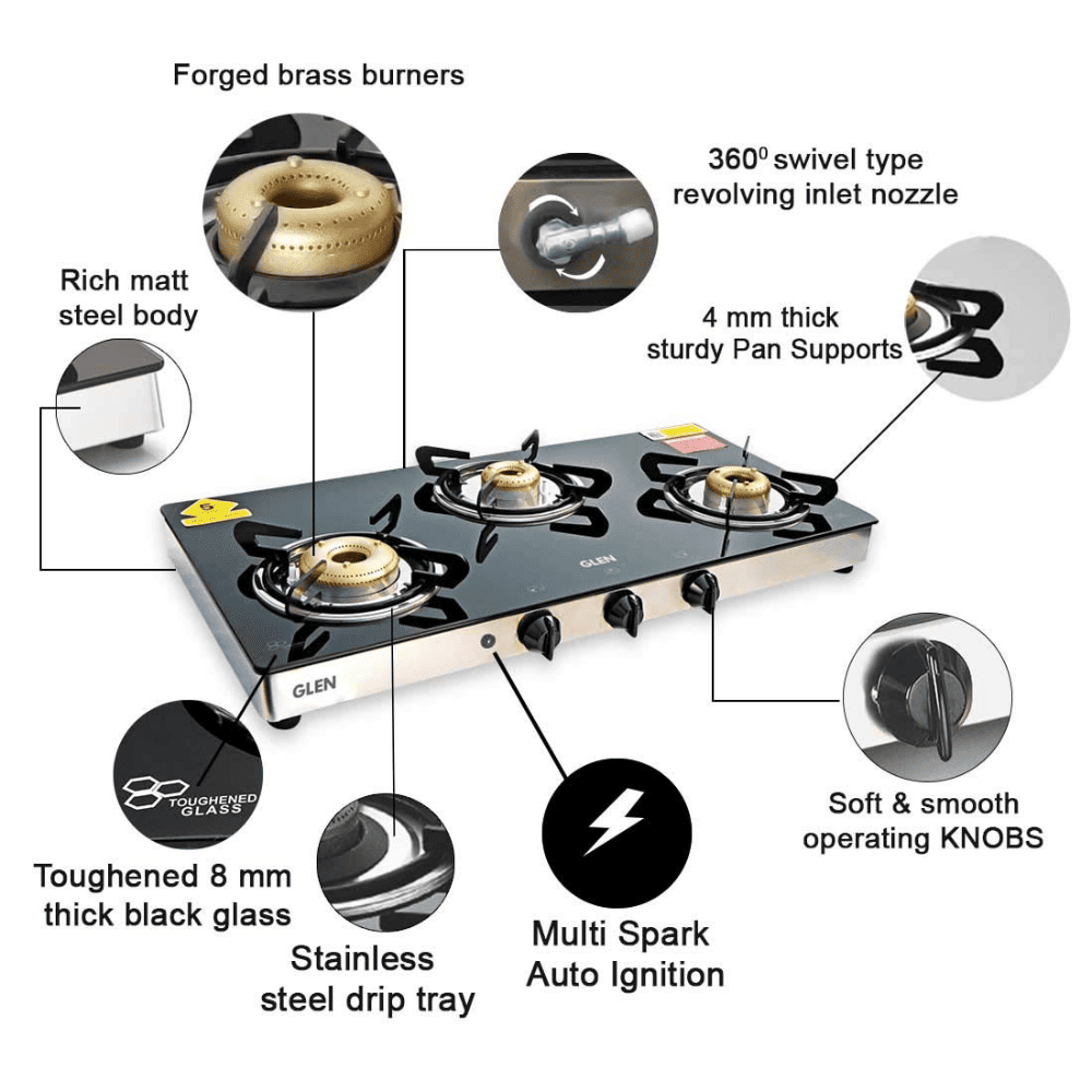 Glen Cooktop,1033 GT XL FB DD BLK AI, 3 Burner cm Auto Manual Glass Top Brass Burner, 1 Medium + 1 small + High Flame Extra Large (Black)