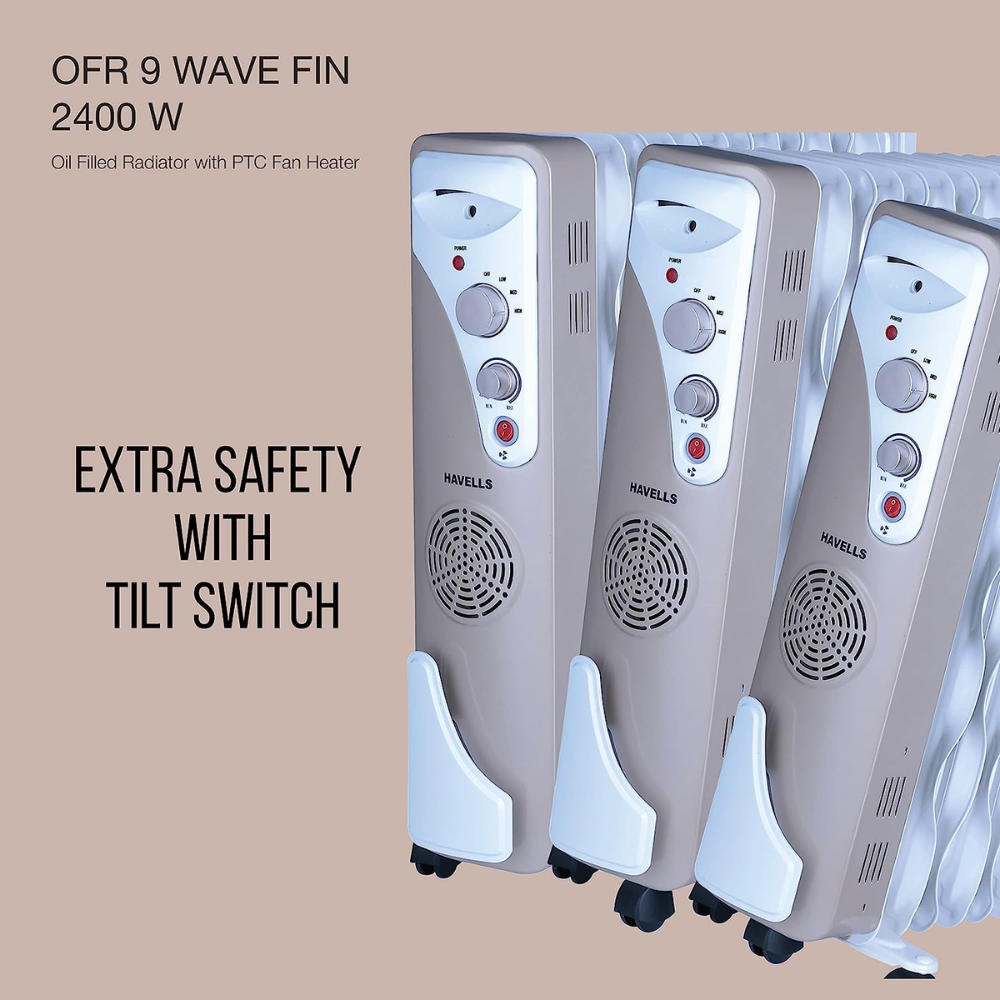 Havells 9 Wave Fins, 2400 Watts Oil Filled Radiators Room Heater with PTC Fan (OFR9F, Beige)