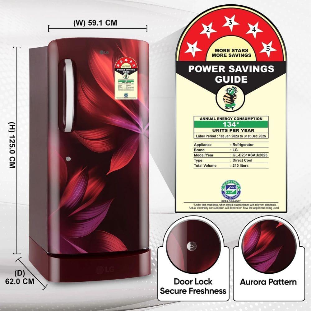 LG 224 Ltrs, 3 Star Direct Cool Single Door Refrigerator (Smart Inverter Compressor, GLD2336ZARW)