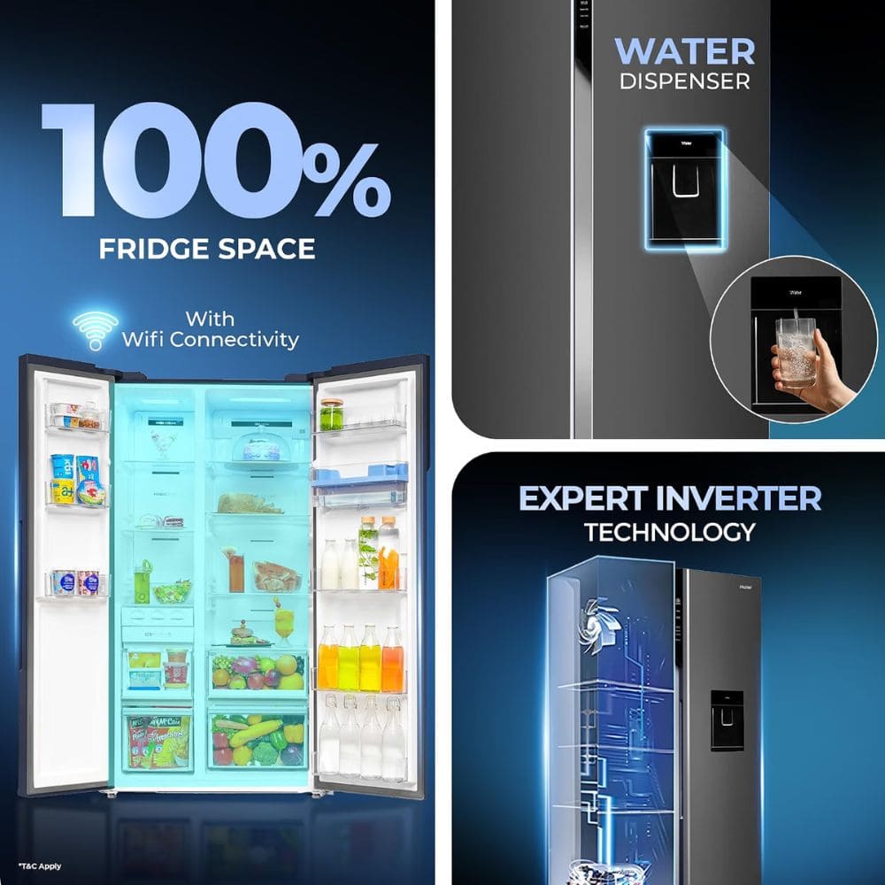 Haier 598 Ltrs, 3 Star Frost Free Expert Inverter Smart Sense AI enabled 3 Door Side by Side Refrigerator (HRT 683GOGU1, Grey Onyx Glasss)