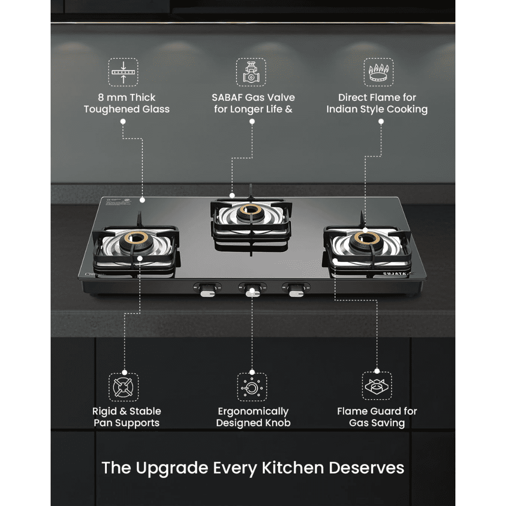 Sujata Cooktop Classic AI, 3 Burner Glass Top Auto Ignition Brass Burner Gas Stove (Black)