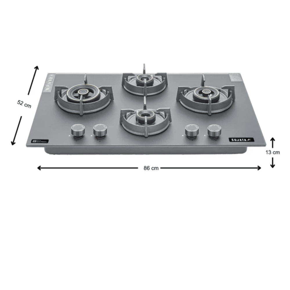 Sujata Hob, 4 Burner 78 cm Auto Ignition Glass Top Brass Burner 1 Larg+1 Medium + 2 small (Palladium FB 4B78TP, Black)