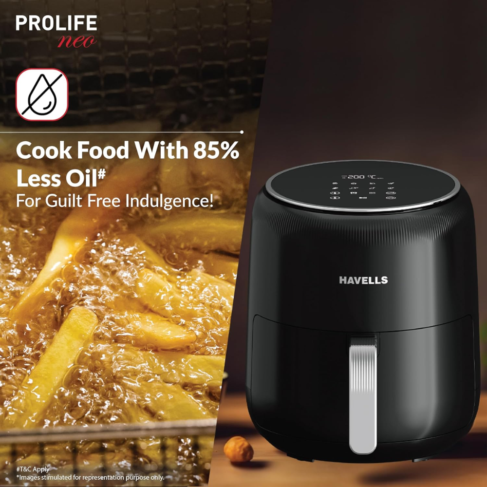 Havells Prolife Neo, 1500 Watts 4.5 Litres Digital Touch Air Fryer, 8 Pre Set Menu Auto Shutoff with Cool Touch Handle (Black)