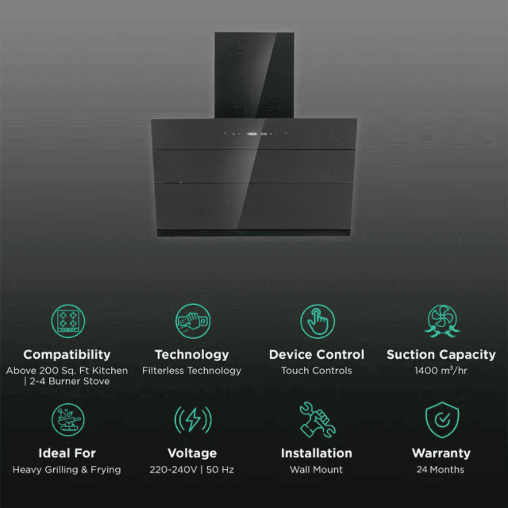 Elica EFLS611 BLDC LTW VMS, 60 cm 1400m3/hr Ducted Auto Clean Wall Mounted Chimney (Black)