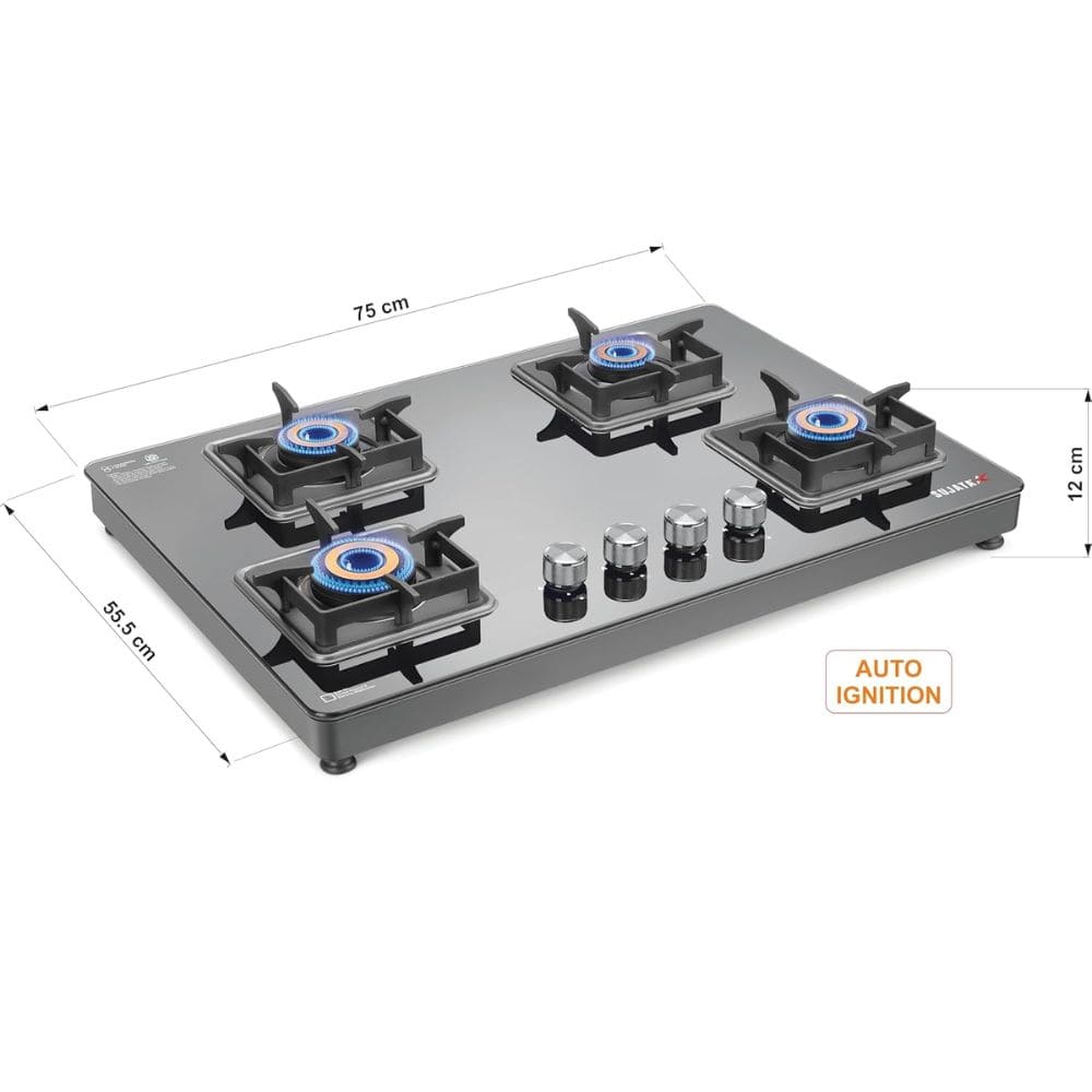 Sujata Cooktop Premium, 4 Burner Glass Top 5G Designed Forged Brass Burner Gas Stove (Black)