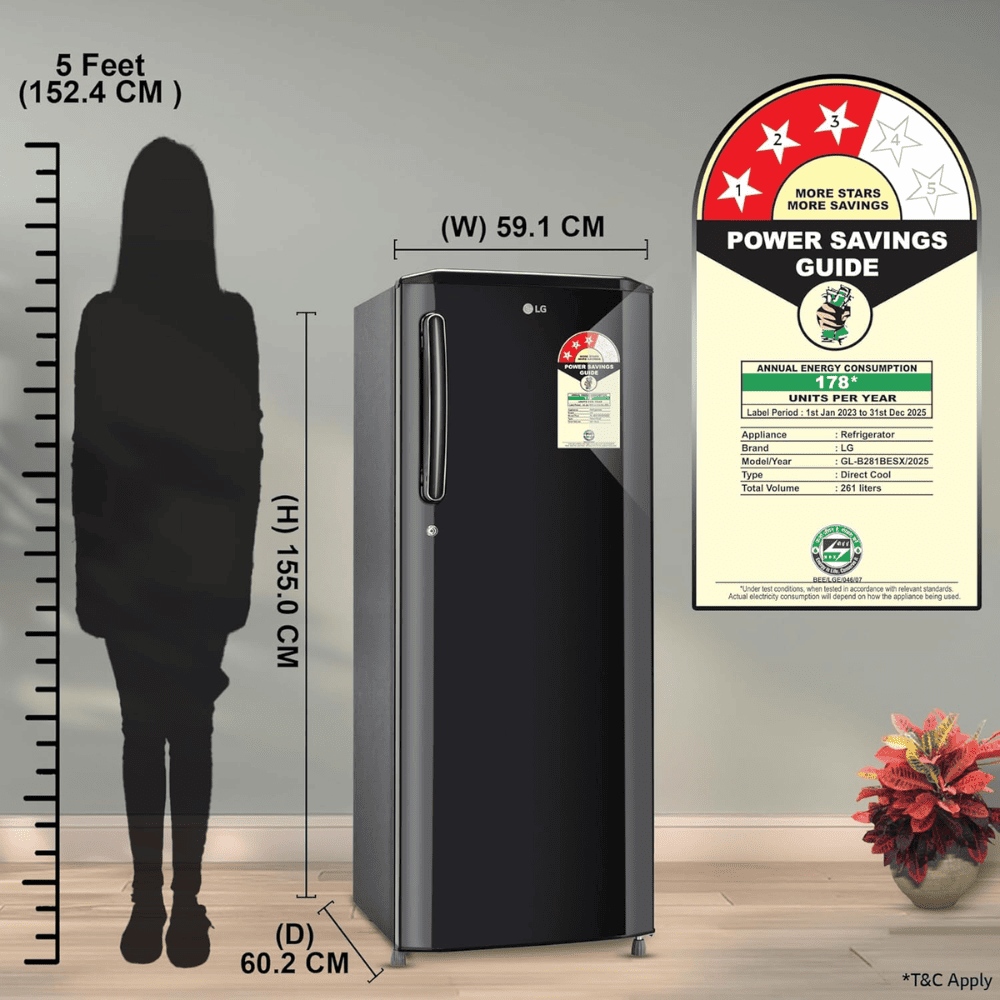 LG 261 Ltrs 3 Star, Inverter Direct Cool, Single Door Refrigerator (GL-B281BESX)