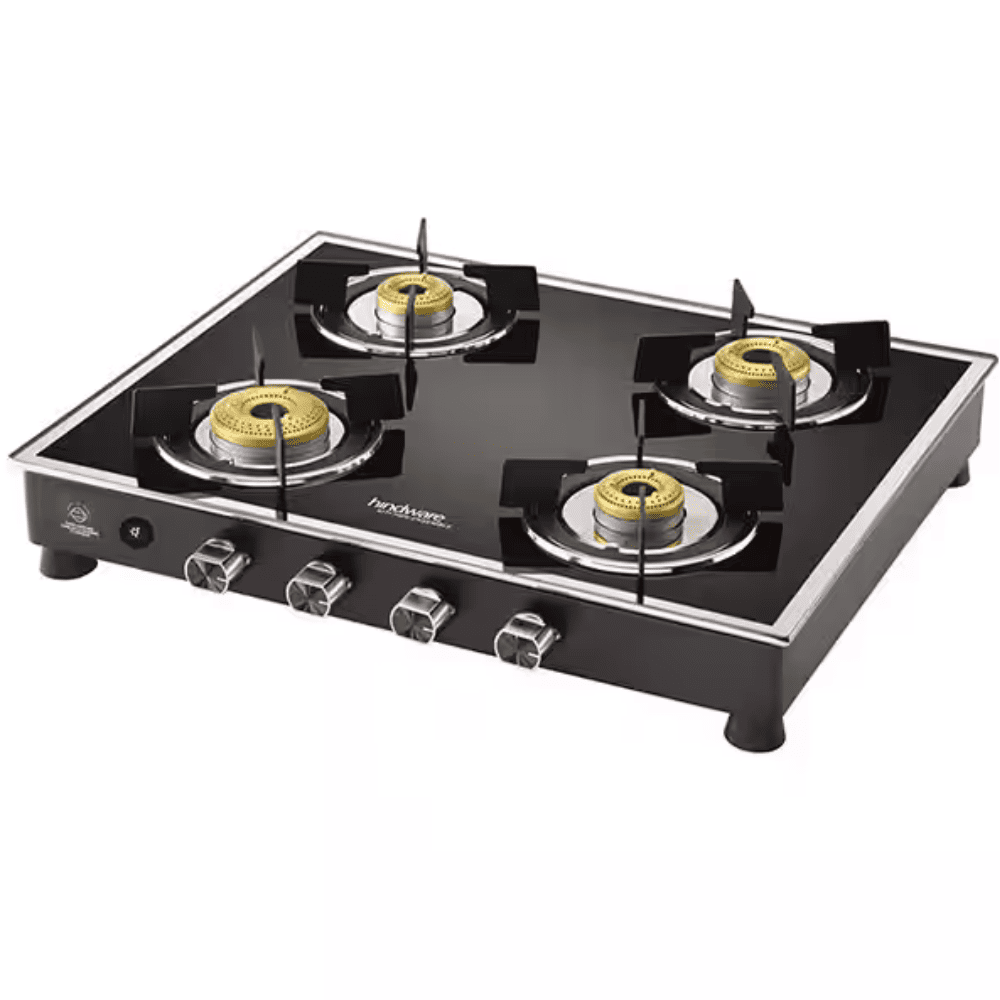 Hindware Cooktop, VEGO 4B BLK, 4 Burner Glass Top Forged Brass Burner 1 Big + 1 Medium + 2 small Gas Stove (Black)