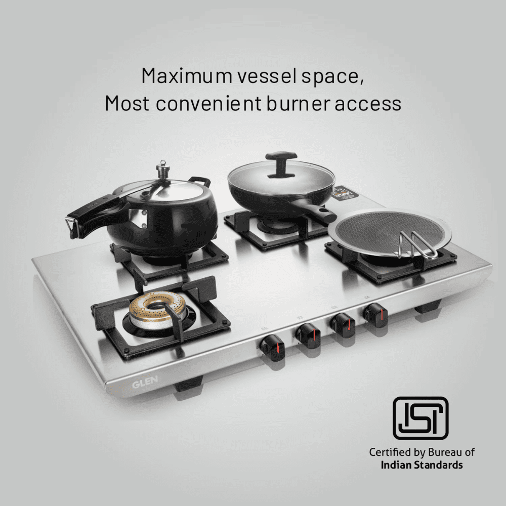Glen Cooktop,1054 UT SS, 4 Burner cm Auto Ignition Glass Top Brass Burner 1 Big + 1 Medium + 2 small Gas Stove (Black)