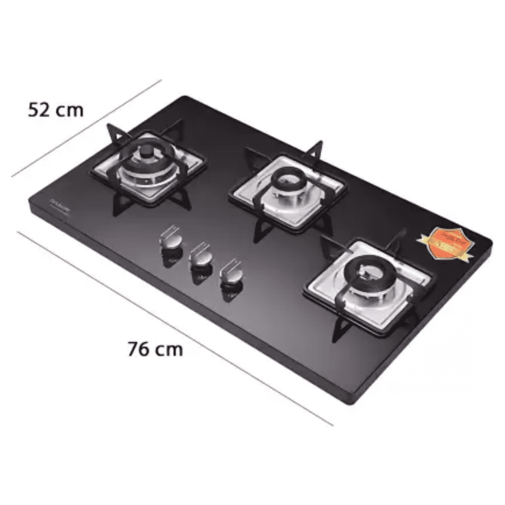 Hindware Hob, ROSIA 3B 76 CM, 3 Burner 76 cm Auto Ignition Glass Top Full Brass Burners 2 Medium + 1 small Gas Stove (Black)