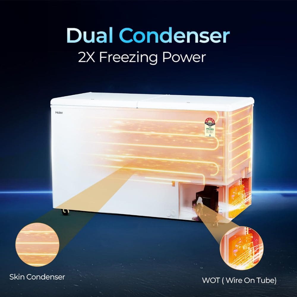 Haier HFC-588DPW5, 588 Ltrs 5 Star Double Door Hard Top Convertible Deep Freezer, Titanium Grey