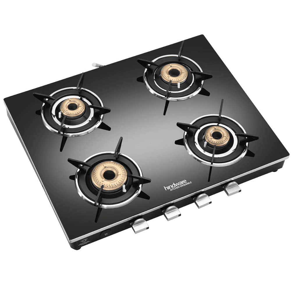 Hindware Cooktop, EMINEO 4B AI BLK, 4 Burner 77 cm Auto Ignition Glass Top Brass Burner 3 Medium + 1 small Gas Stove (Black)
