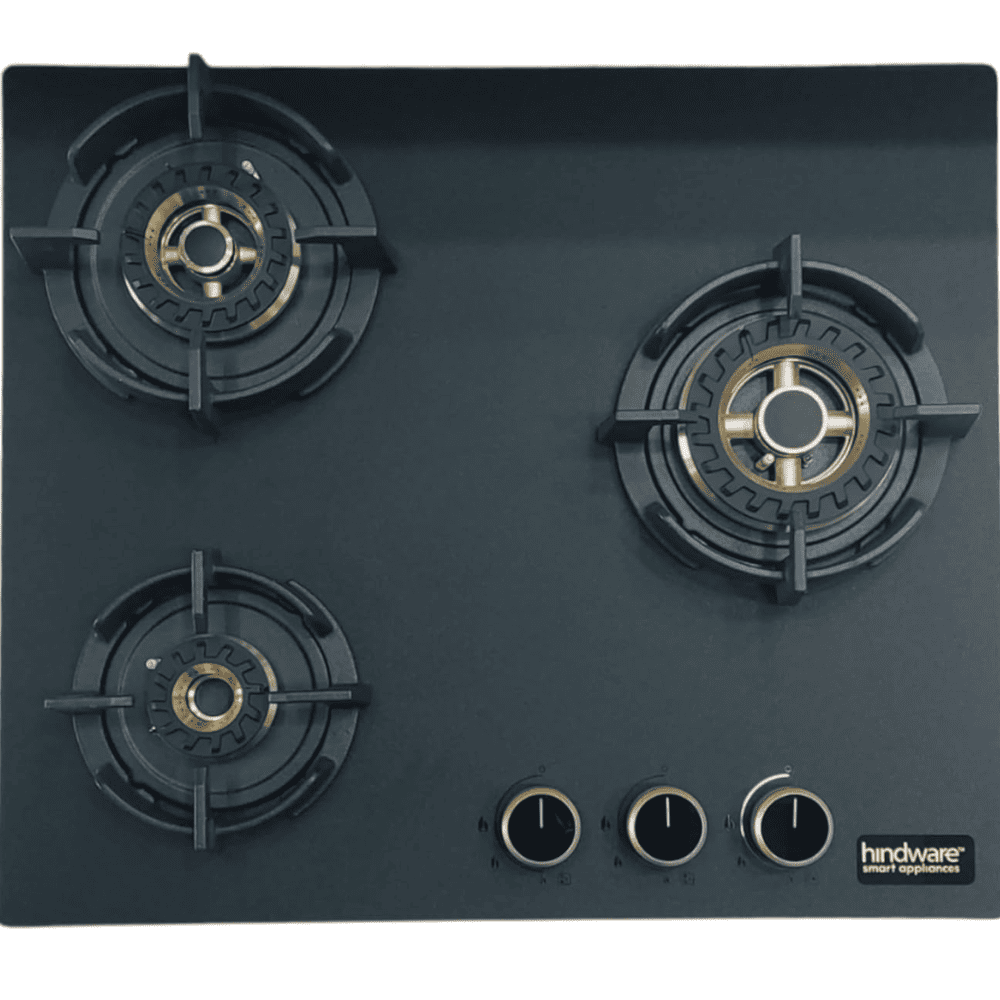 Hindware Hob, IVANA 3B 60, 3 burner 60 cm Frost Glass Metallic Finish Brass Burners 1 Medium + 1 Small + 1 High (Black)