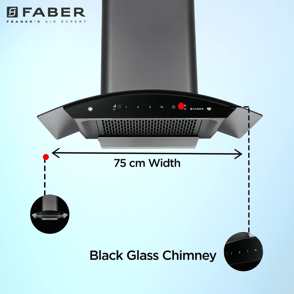Faber HOOD SUNNY HC SC BK, 75 cm 1200 m3/hr Auto-Clean curved glass Kitchen Chimney (Black)