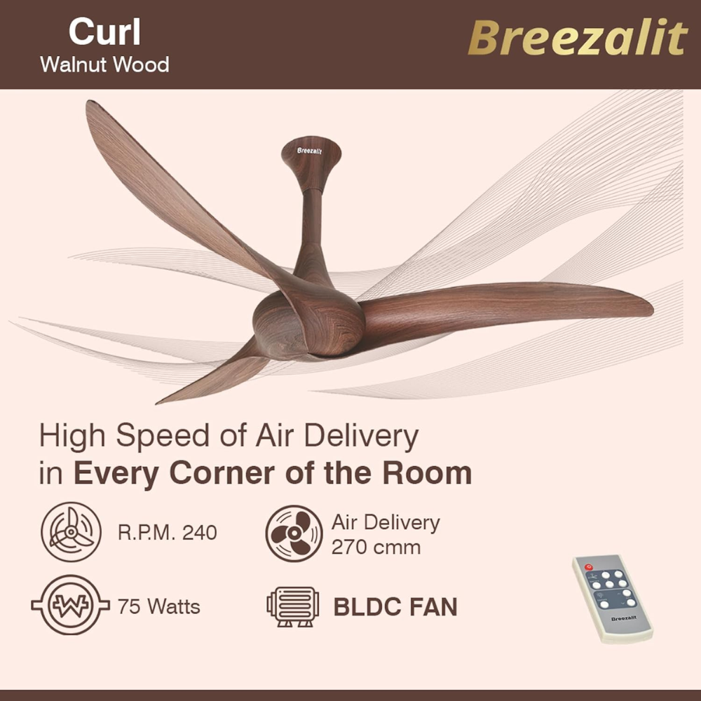 Breezalit 1200mm 3 Blade Modern Designer Ceiling Fan (Curl wood)